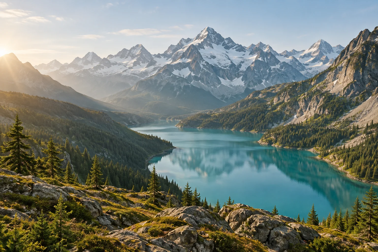 An alpine lake beneath sunlit mountain peaks, an example travel campaign